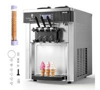 VEVOR Machine à Glace Molle Commerciale, Machine à Crème Glacée de Comptoir 20-28 L/h, pour Glacier Camion-Restaurant, 3 Parfums, 2 Trémies de 6 L avec Aigitateur, Pré-refroidissement et Autonettoyage