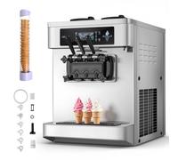 VEVOR Machine à Glace Molle Rendement 20-28 L/h, Machine à Crème Glacée Commerciale 2200 W, pour Glacier Pâtisserie Camion-Restaurant, 3 Parfums avec 2 Trémies de 6 L et Pompe de Soufflage Intégrée