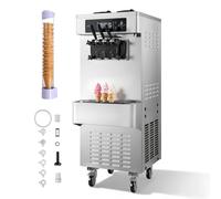 VEVOR Machine à Glace Molle Rendement 20-28 L/h, Machine à Crème Glacée Commerciale 2200 W, pour Glacier Pâtisserie, Autoportant, 3 Parfums avec 2 Trémies de 6 L et Pompe de Soufflage Intégrée