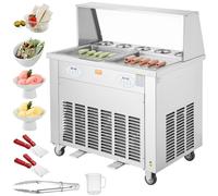 Machine VEVOR pour rouleaux de glace frits, 2 poêles carrées de 380 x 380 mm pour frire la glace, Machine à glace commerciale en acier inoxydable avec compresseur et 4 racloirs