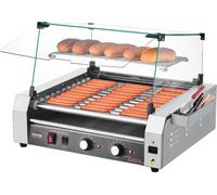 VEVOR Machine à griller les hot-dogs Hot dogs 11 rouleaux Acier inoxydable, 2200 W, gril électrique avec couvercle & 2 régulateurs de température & boîte de rangement latérale