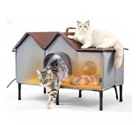 VEVOR Maison Chat Surélevée Chauffante 35 W Niche Chat Errants Extérieur | Pour Hiver, avec Coussin Chauffant, Double Porte avec Rideau Coupe-Vent, Abri Isolé Imperméable et Résistant aux Intempéries