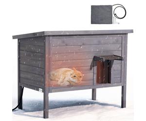 VEVOR Maison Chat Surélevée Chauffante, 87x53,5x69 cm, Niche Chat Extérieur avec Coussin Chauffant, Abri en Bois avec Porte à Rabat en PVC, Toit en Asphalte Ouvrable, pour 1 à 3 Chats Sauvages Hiver