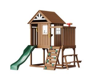 VEVOR Maisonnette Enfants Extérieur en Bois, Cabine de Jardin pour Enfants Style Campagnard, Maison de Jeux avec Toboggan, Échelle, Mur d'Escalade, Fenêtres, Table de Pique-Nique et Banc, Arrière-cour
