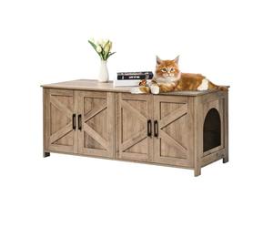 VEVOR Meuble Cache Bac à Litière pour 2 Chats, Maison de Toilette pour Chat avec Chambres Doubles, Armoire en Bois pour Cacher la Plupart des Bacs à Litière pour Chats, 1,19 x 0,46 x 0,5 m, Grège