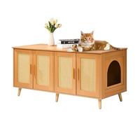 VEVOR Meuble Cache Bac à Litière pour 2 Chats, Maison de Toilette pour Chat avec Portes Décorées en Rotin, Armoire en Bois pour Cacher Plupart Bacs à Litière pour Chats, 1,19 x 0,5 x 0,55 m, Naturel