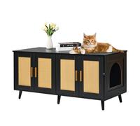 VEVOR Meuble Cache Bac à Litière pour 2 Chats, Maison de Toilette pour Chat avec Portes Décorées en Rotin, Armoire en Bois pour Cacher Plupart des Bacs à Litière pour Chats, 1,19 x 0,5 x 0,55 m, Noir