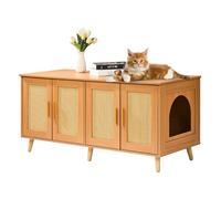 VEVOR Meuble Cache Bac à Litière pour 2 Chats, Maison de Toilette pour Chat avec Portes Décorées en Rotin, Armoire en Bois pour Cacher Plupart Bacs à Litière pour Chats, 1,19 x 0,5 x 0,55 m, Naturel