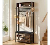 VEVOR Meuble d'Entrée 180 cm, Porte Manteaux avec Banc à Chaussures et 3 Tiroirs, pour Couloir Chambre Dressing, Vestiaire d'Entrée Autoportant, avec Patères, Rangement Supérieur et Inférieur