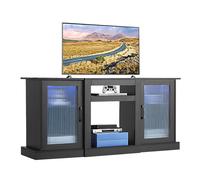 VEVOR Meuble TV pour Télévision Jusqu’à 165 cm, Banc TV Moderne en Bois, Centre de Divertissement avec Bande Lumineuse, Portes et Étagères Réglables, Rangement pour Salon, Salle Multimédia, Noir