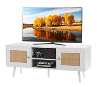 VEVOR Meuble TV en rotin, 1200 x 400 x 490 mm, Console TV bohème pour télévisions de 55'', Meuble TV Moderne du Milieu du siècle, Banc TV avec étagères réglables pour Salon et Salle multimédia, Blanc