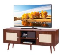 VEVOR Meuble TV en rotin, 1200 x 400 x 490 mm, Console TV bohème pour télévisions de 55'', Meuble TV Moderne du Milieu du siècle, Banc TV avec étagères réglables pour Salon et Salle multimédia, Noyer