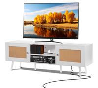 VEVOR Meuble TV en Rotin pour Téléviseur 65" Banc TV avec Prise Intégrée Blanc