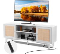 Meuble TV en Rotin pour Téléviseur 75 Banc TV avec Prise Intégrée Blanc