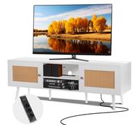 VEVOR Meuble TV en Rotin pour Téléviseur de 65 Pouces, Banc TV Bohème Porte en Rotin, Centre de Divertissement avec Prise Intégrée et Ports USB, Console TV Moderne pour Salon, Salle Multimédia, Blanc