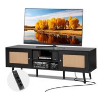 VEVOR Meuble TV en Rotin pour Téléviseur 65" Banc TV avec Prise Intégrée Noir