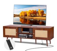 VEVOR Meuble TV en Rotin pour Téléviseur de 65 Pouces, Banc TV Moderne Milieu du Siècle Bohème, Console TV avec Prise Intégrée et Ports USB, Étagères Réglables, pour Salon, Salle Multimédia, Noyer