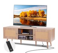 VEVOR Meuble TV en Rotin pour Téléviseur de 65 Pouces, Banc TV Moderne Milieu du Siècle Bohème, Console TV avec Prise Intégrée et Ports USB, Étagères Réglables, pour Salon, Salle Multimédia, Chêne