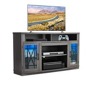 VEVOR Meuble TV pour Télé de 165 cm, Banc TV en Bois de Style Campagnard, Centre de Divertissement avec Bande Lumineuse, Portes Vitrées et Étagères Réglables, pour Salon, Salle Multimédia, Gris