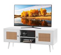 VEVOR Meuble TV pour TV 55" console de divertissement avec porte en rotin blanc