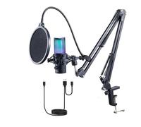 VEVOR Microphone USB, 192 kHz/24 bits, kit de microphone à condensateur professionnel avec bras de perche, filtre anti-pop et support anti-chocs, 11 effets d'éclairage RVB, bouton de sourdine, prise
