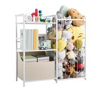 VEVOR Organisateur de jouets animaux en peluche, bibliothèque enfants à 2 niveaux, meuble de rangement avec coffre à jouets en tissu, pour chambres, salles de jeux, crèches et jardins d'enfants, blanc