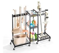 VEVOR Organisateur d'Outils de Jardin avec Porte-Balais, Support de Rangement en Acier avec Roulettes pour Balais, Serpillières, Brosses, Aspirateur et Fournitures de Nettoyage, Maison et Garage, Noir