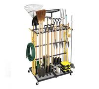 VEVOR Organisateur d'Outils de Jardin avec Roulettes et Clips, Grand Support de Rangement en Acier pour Râteaux, Pelles, Balais et Outils à Long Manche, pour Garage, Abri de Jardin et Pelouse, Noir