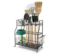VEVOR Organisateur d'Outils de Jardin avec Roulettes, Grande Capacité, Support de Rangement en Acier, pour Râteaux, Pelles, Balais, Porte-Outils pour Garage et Abri de Jardin, avec Crochets, Noir