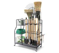 VEVOR Organisateur d'Outils de Jardin avec Roulettes Support de Rangement | pour Râteaux, Pelles, Balais, Porte-Outils pour Garage et Abri de Jardin, Grande Capacité, en Acier Q235, avec Crochets, Noir