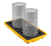 VEVOR Palette de Rétention pour 2 Fûts, Bac de Rétention avec Caillebotis et Drain, Plateforme de Déversement en PEHD à Profil Bas, Capacité 79,5 L, Charge Maximale 2000 kg, 1316x680x150 mm, Jaune