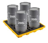 VEVOR Palette de Rétention pour 4 Fûts, Bac de Rétention avec Caillebotis et Drain, Plateforme de Déversement en PEHD à Profil Bas, Capacité 117,4 L, Charge Maximale 4000 kg, 1305x1280x150 mm, Jaune
