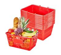VEVOR Panier de Courses Plastique 12 PCS Panier à Provisions Empilable Capacité 21 L pour Épicerie Vente au Détail Magasins Supermarchés, avec Poignées Métalliques, Maille Dense, Charge 9,07 kg, Rouge