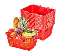 VEVOR Panier de Courses Plastique 12 PCS Panier à Provisions Empilable Capacité 21 L pour Épicerie Vente au Détail Magasins Supermarchés, avec Poignées Métalliques, Maille Dense, Charge 9,07 kg, Rouge