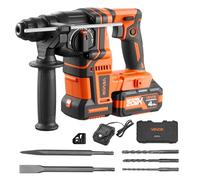 VEVOR Perceuse à Percussion sans Fil Capacité 20 mm, Perforateur avec Forets SDS-Plus, pour Béton Maçonnerie, sans Balais, avec Batterie 20 V, Chargeur, 3 Forets, Burin Plat, Burin Pointu et Coffret