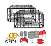 VEVOR Piège à Crabes 2PCs, Casier à Crustacés 62x62x30 cm, pour Pêche aux Crustacés Crevettes Poissons Quai Étang Bateau, Nasse à Écrevisses en Treillis Métallique, avec Jauge Flotteur et Gants