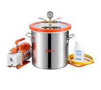 VEVOR Pompe à Vide 3,5 CFM 99 L/min Chambre à Vide Acier Inox 18,92 L 1 Étage avec Couvercle Verre Trempé, Bouteille d'Huile 200 mL, Tuyau 1,5 m, pour Stabilisation de Bois Dégazage Résine Silicone