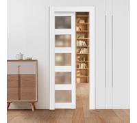 VEVOR Porte Coulissante Escamotable 203,5x76,5 cm, Simple Porte à Galandage avec 5 Panneaux en Verre Dépoli, Kit de Quincaillerie, Robuste en Bois Massif et MDF, pour Chambre, Cuisine, Bureau
