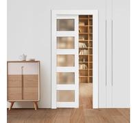 VEVOR Porte Coulissante Escamotable 203,5x91,5 cm, Simple Porte à Galandage avec 5 Panneaux en Verre Dépoli, Kit de Quincaillerie, Robuste en Bois Massif et MDF, pour Chambre, Cuisine, Bureau