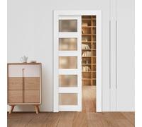 VEVOR Porte Coulissante Escamotable 203,5x91,5 cm, Simple Porte à Galandage avec 5 Panneaux en Verre Dépoli, Kit de Quincaillerie, Robuste en Bois Massif et MDF, pour Chambre, Cuisine, Bureau