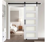 VEVOR Porte de grange coulissante, 762 x 2134 mm, en panneau MDF et verre, kit de porte coulissante avec kit de quincaillerie, surface en PVC imperméable, facile à installer, cadre en H, pour salon