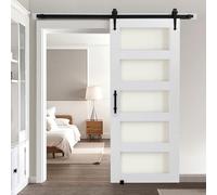 VEVOR Porte de grange coulissante, 914 x 2134 mm, en panneau MDF et verre, kit de porte coulissante avec kit de quincaillerie, surface en PVC imperméable, facile à installer, cadre en H, pour salon