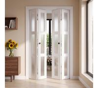 VEVOR Porte de Placard Pliante à 4 Vantaux 3 Vitres en Verre Dépoli, Blanc, 1219x2032 mm, Porte Interieur avec Kit de Quincaillerie Métallique, Cadre Composite, Style Moderne, pour Chambre, Couloir