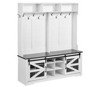 VEVOR Porte-Manteau en Bois, Meuble d’Entrée avec Banc et Rangement pour Chaussures, Support Manteau sur Pied, Vestiaire avec Étagères Réglables, 12 Crochets et Bande Lumineuse USB, pour Couloir