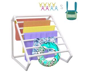 VEVOR Porte-serviettes de Piscine, 8 Barres, Blanc, Organisateur de Rangement Autoportant Triangulaire, Support en PVC au Bord de la Piscine, avec Pinces, Sac en Filet et Crochet, pour Pagaies Plage