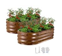 VEVOR Potager Surélevé Métal 120x60x30 cm Carré Potager Surélevé Lot de 2 Lit de Jardin Ovale pour Culture Légumes Fleurs, Fond Ouvert, Galvanisé Aluminium-zinc, avec Gants, Aspect Grain Bois Foncé