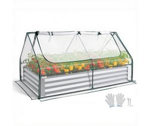 VEVOR Potager Surélevé Métal avec Bâche de Serre Carré Potager Surélevé 180x90x30 cm Lit de Jardin Rectangulaire pour Culture Légumes Fleurs, Fond Ouvert, Galvanisé Aluminium-zinc, avec Gants, Argenté