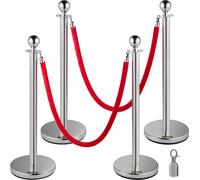 VEVOR Poteau de délimitation en acier inoxydable Corde Poteau de délimitation à tête sphérique 2 Cordes de velours rouges Colonne argentée 4 Pack Crowd Control Barriers