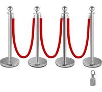 VEVOR Poteau de délimitation en acier inoxydable Corde Poteau de délimitation à tête sphérique 3 Cordes en velours rouge Colonne argentée 4 Pack Crowd Control Barriers