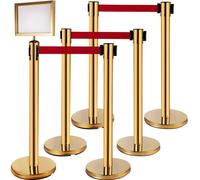 VEVOR Poteau de Guidage Doré 6PCs, Barrière de Balisage pour Contrôle de Foules en Inox avec Ceinture Rétractable Rouge 2 m, pour Délimitation Séparation File d'Attente en Public École Théâtre Hôtel